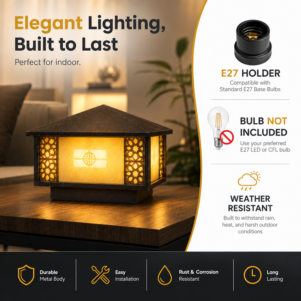 Decorative outdoor light fixture with text highlighting features and compatibility.