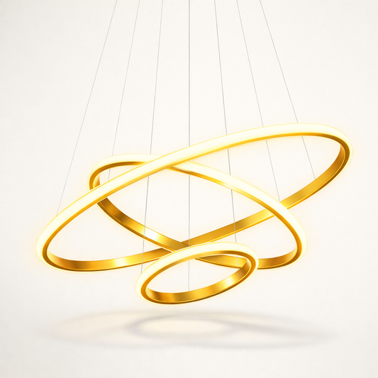 Gold LED chandelier with modern ring design and soft glow