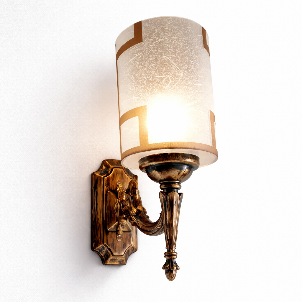 Antique bronze wall sconce lamp with textured cylindrical fabric shade