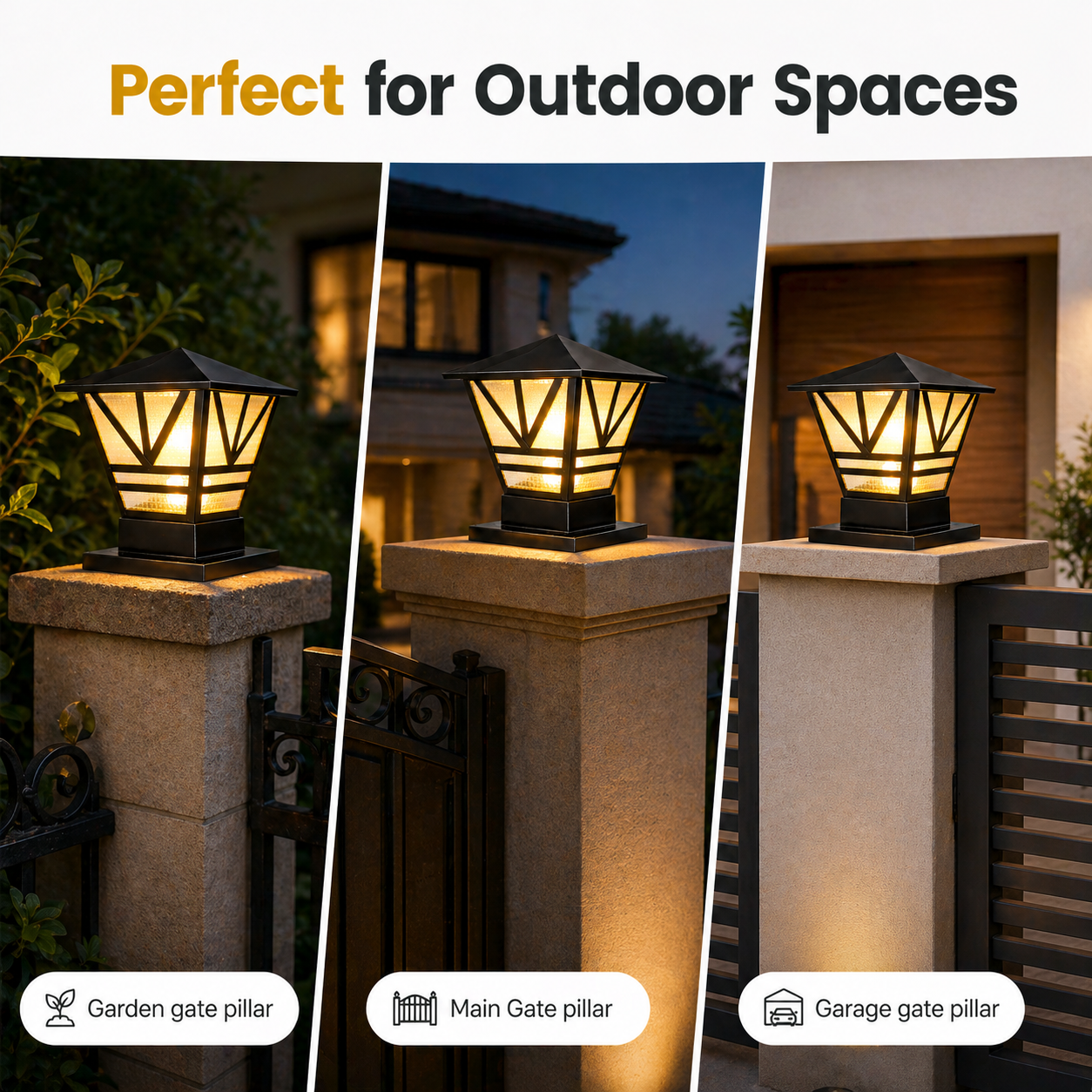 Three outdoor lamp posts on different types of pillars with text 'Perfect for Outdoor Spaces'.