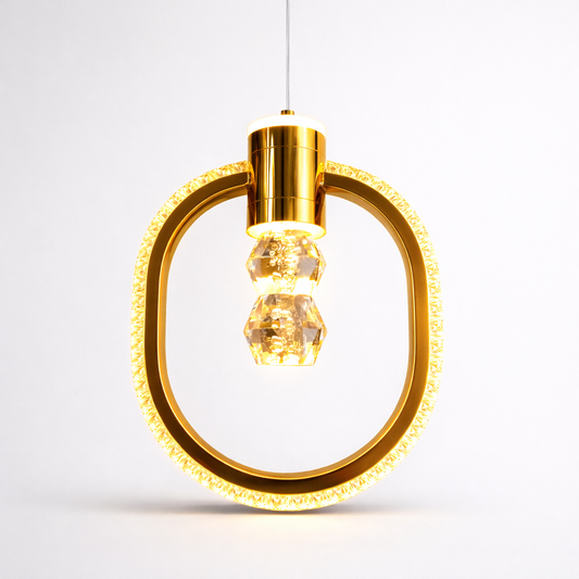 Modern gold LED chandelier with crystal ring design