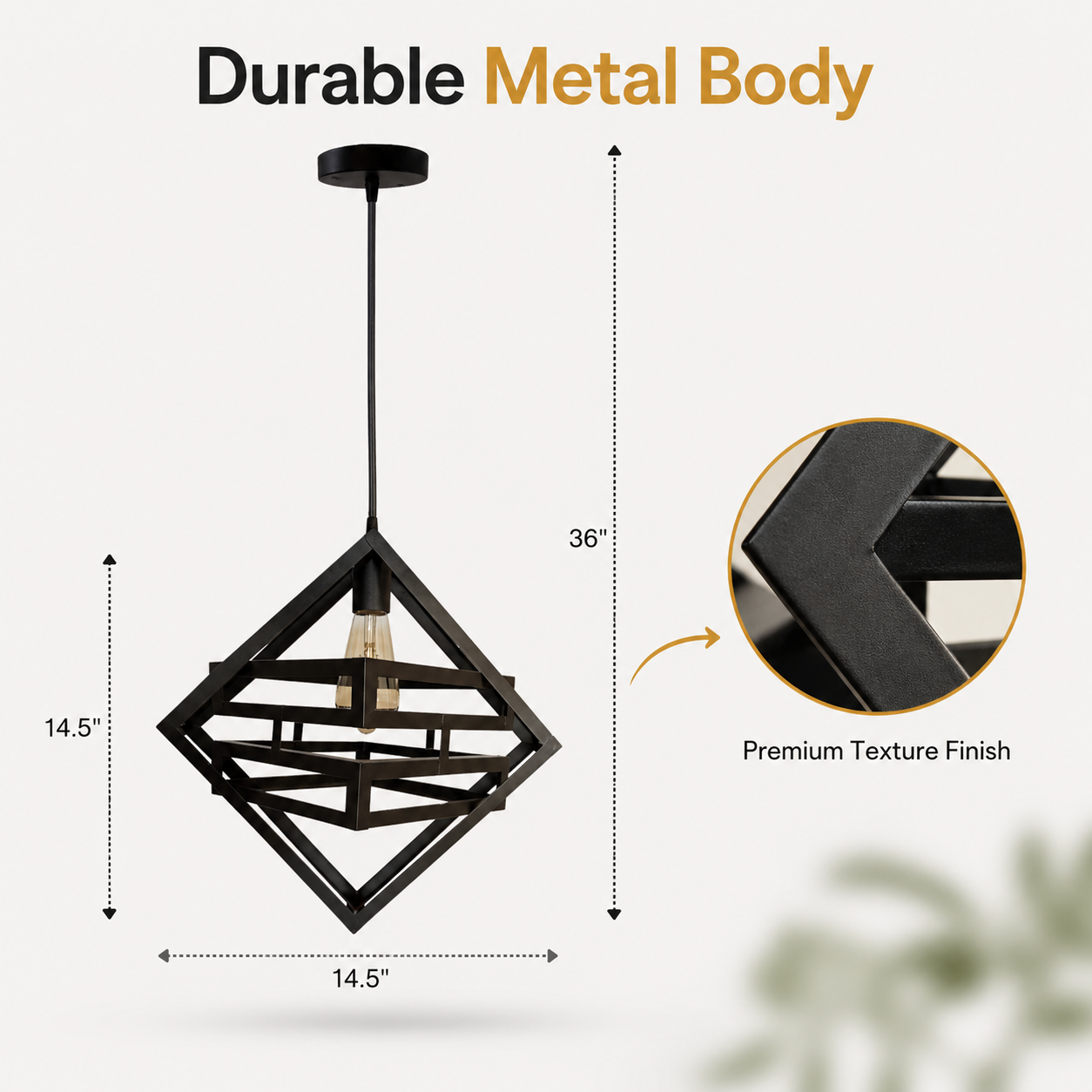 Black pendant light with durable metal body and premium texture finish, shown with measurements and close-up detail.