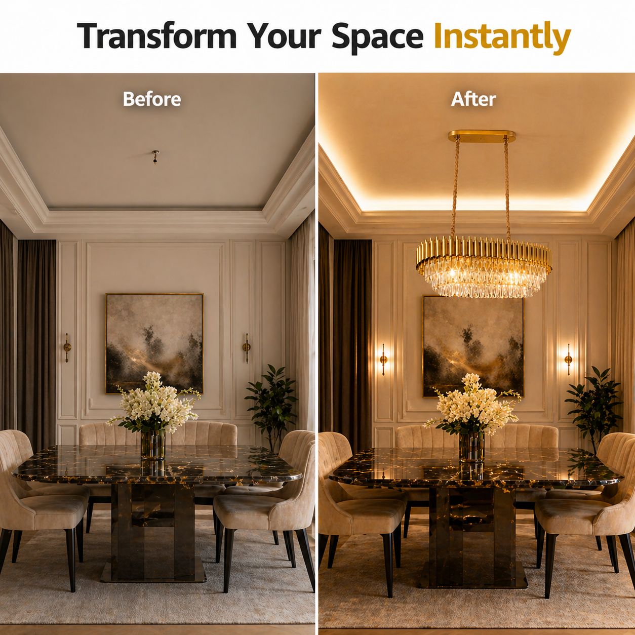 Dining room transformation before and after with a new chandelier.