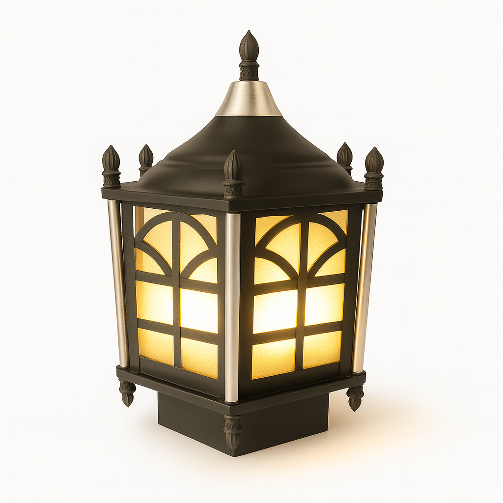 Decorative outdoor lamp with a warm glow on a white background