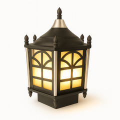 Decorative outdoor lamp with a warm glow on a white background