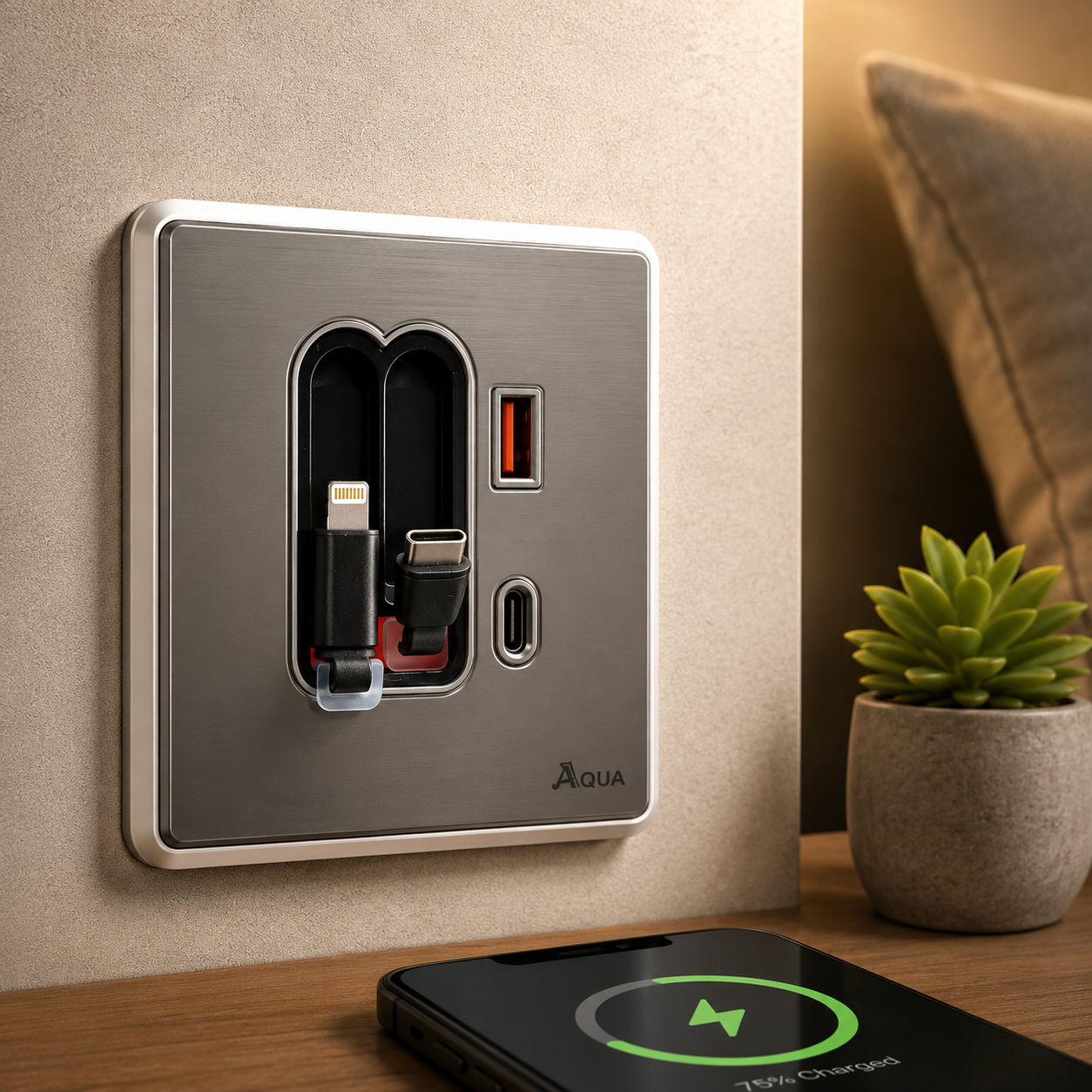 Modern wall socket with multiple ports on a neutral wall background