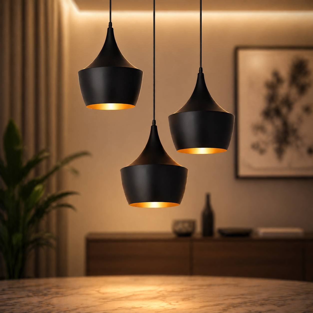 Three black pendant lights hanging in a room with warm lighting.