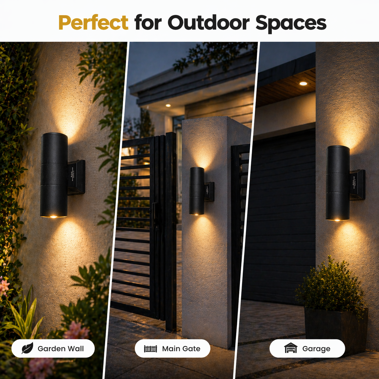 Outdoor wall lights shown in garden, main gate, and garage settings with text 'Perfect for Outdoor Spaces'.