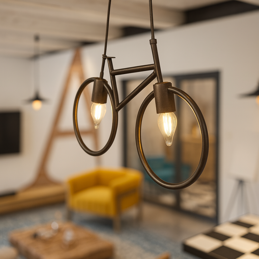 Modern pendant light fixture with two lit bulbs in a room setting.