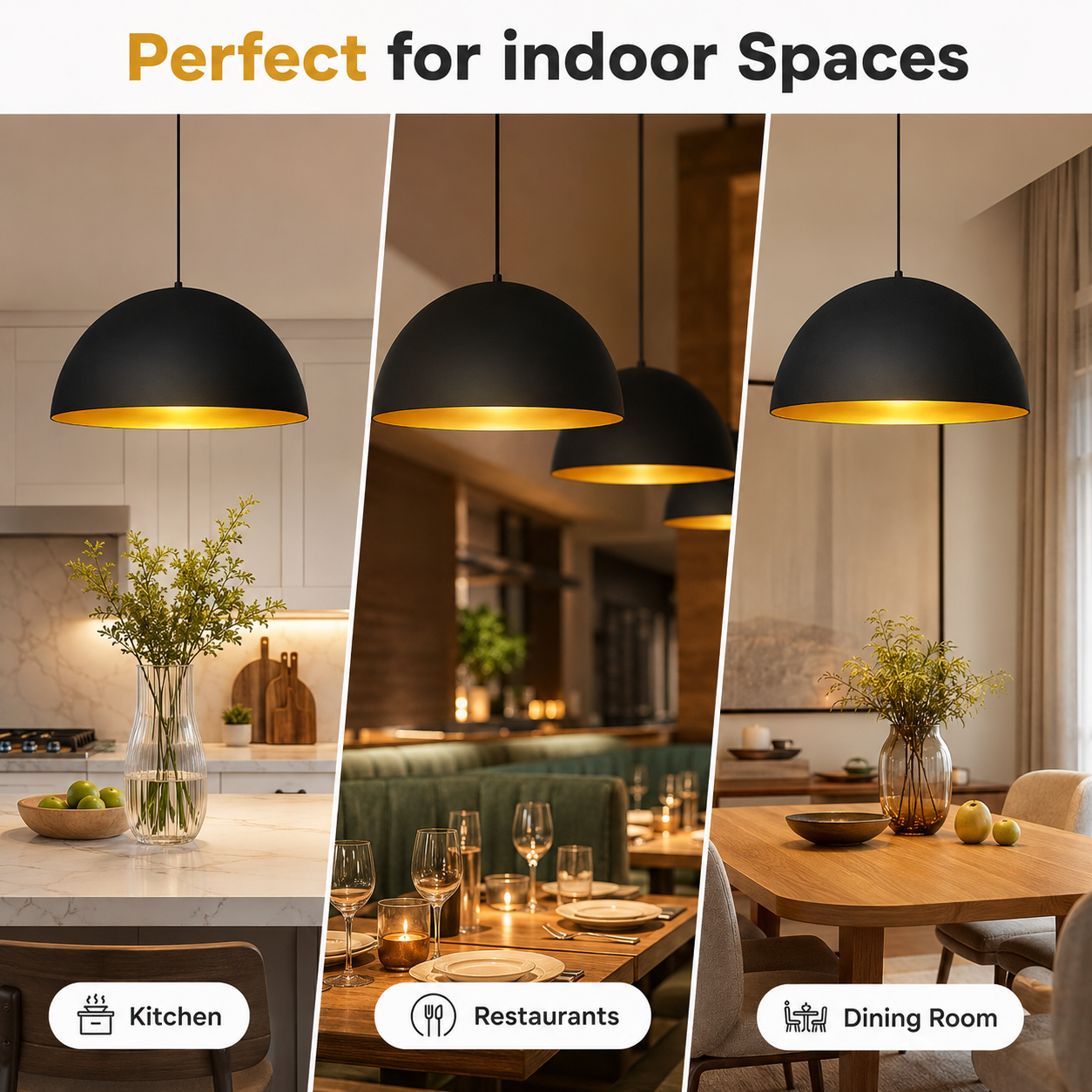 Matte black ceiling pendant lamp with warm golden interior lighting