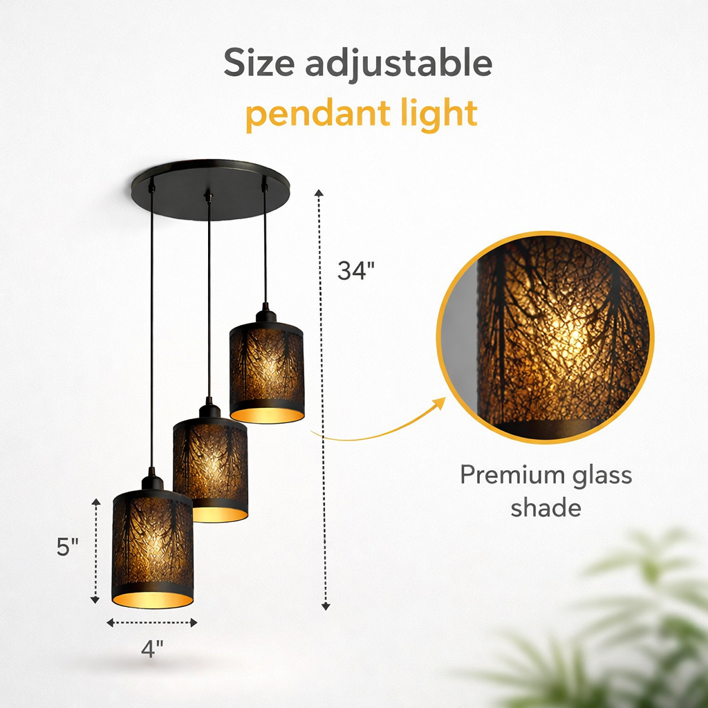 Size adjustable pendant light with dimensions and premium glass shade detail on a white background
