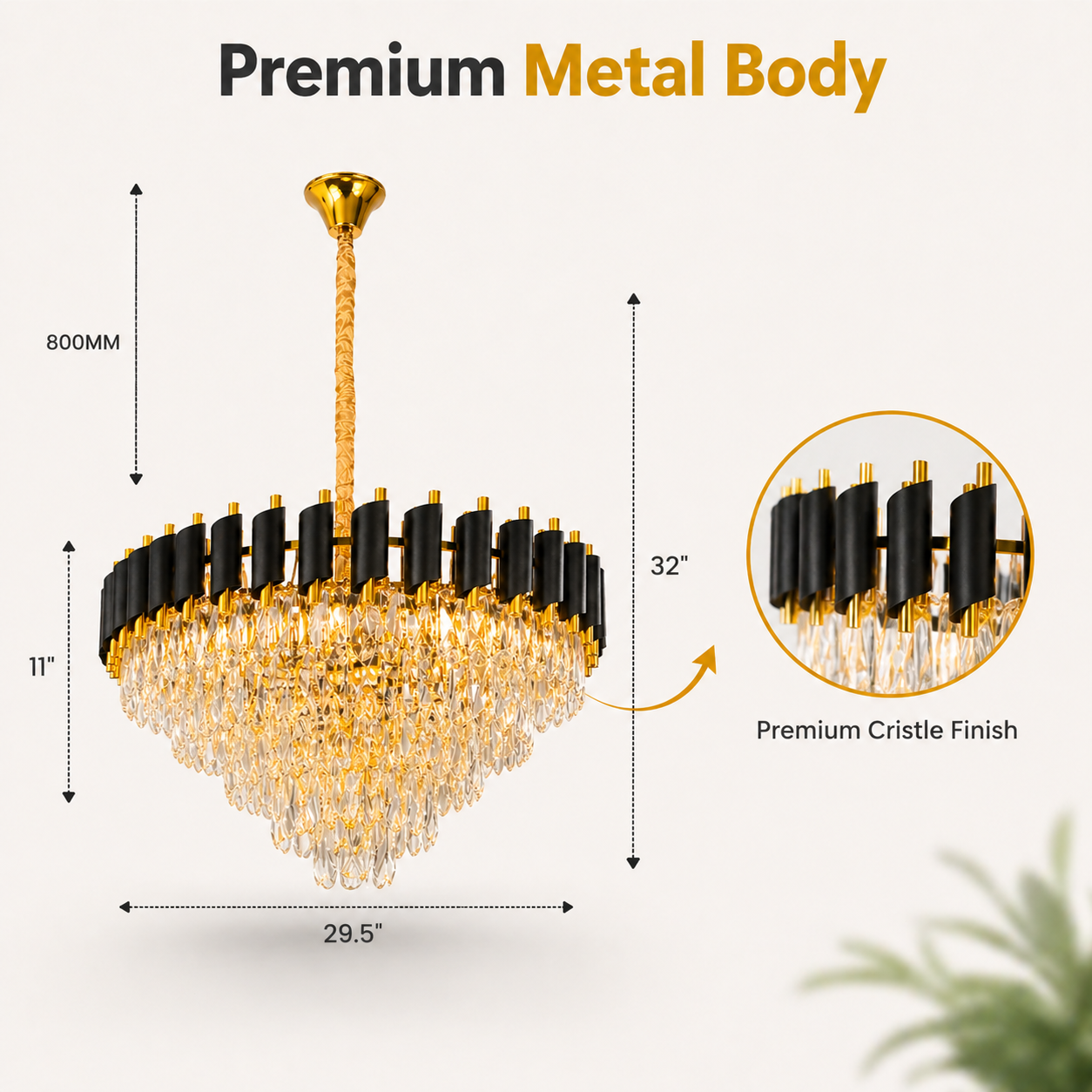 Chandelier with dimensions and details on a white background