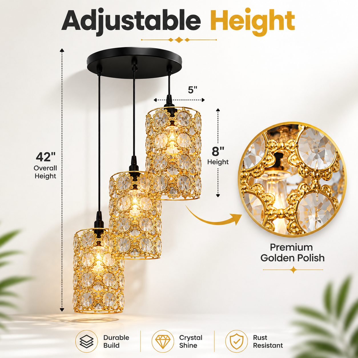Gold pendant light fixture with adjustable height features on a white background