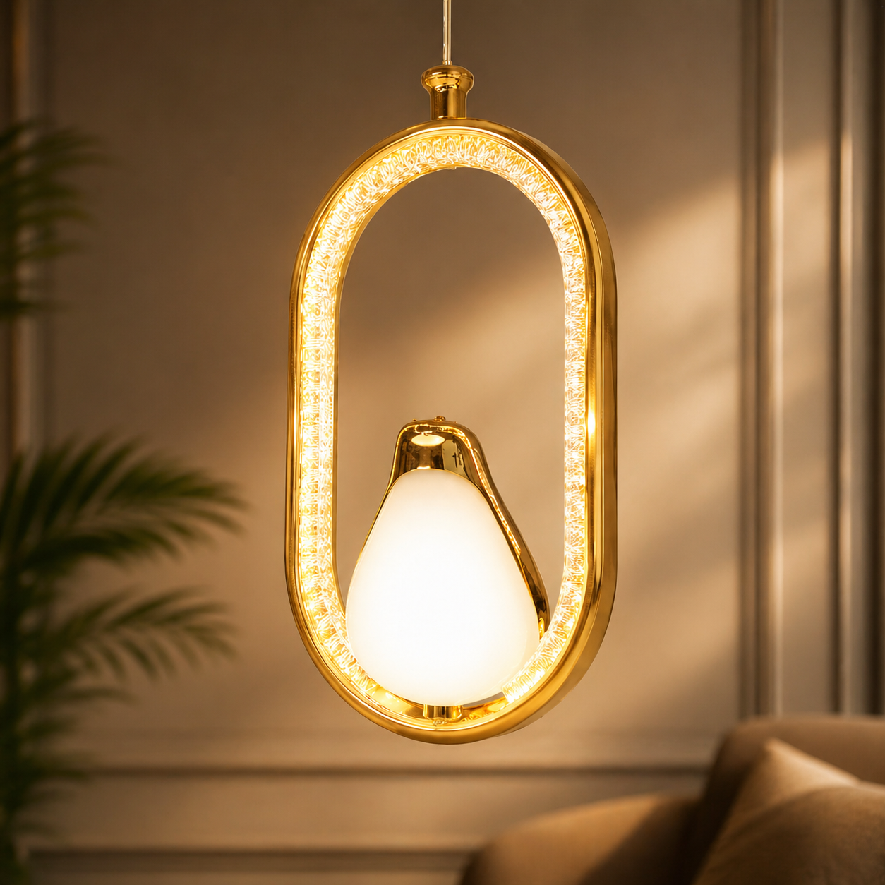 Modern pendant light with gold frame and white bulb in a room setting.