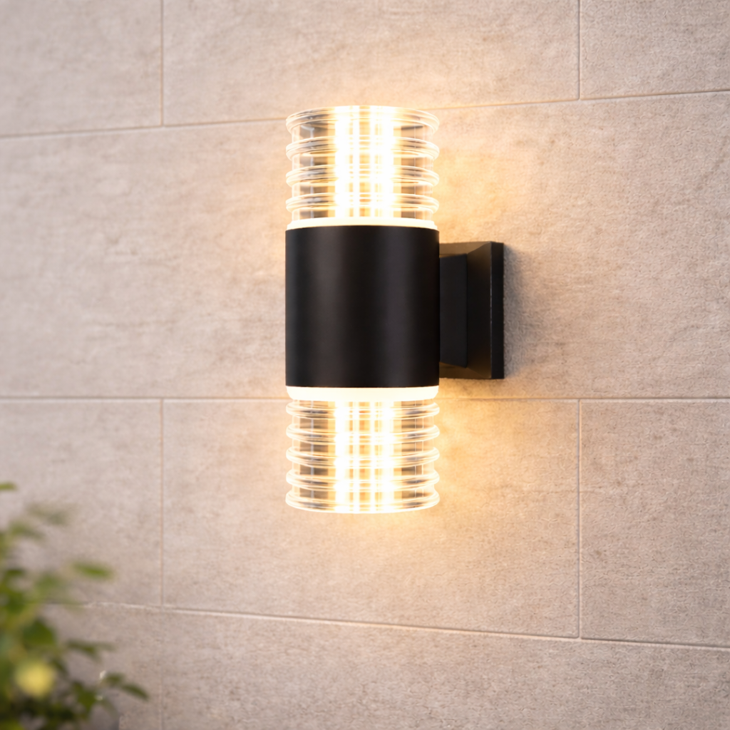 modern outdoor wall light mounted on textured exterior wall