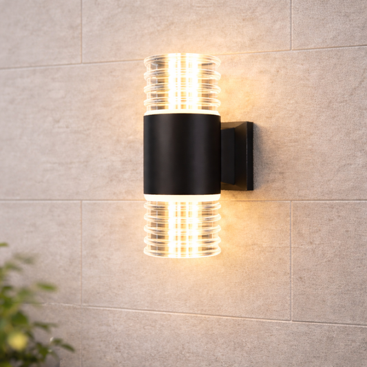 modern outdoor wall light mounted on textured exterior wall