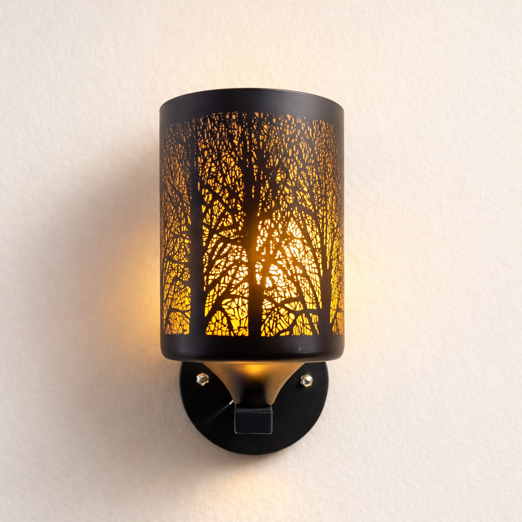 “Modern black wall sconce with golden lightning glow design”