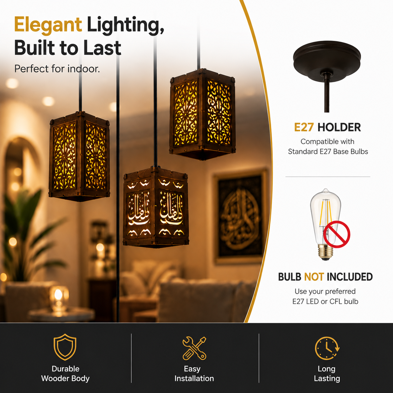 Premium wooden Arabic pendant light with intricate laser cut detailing