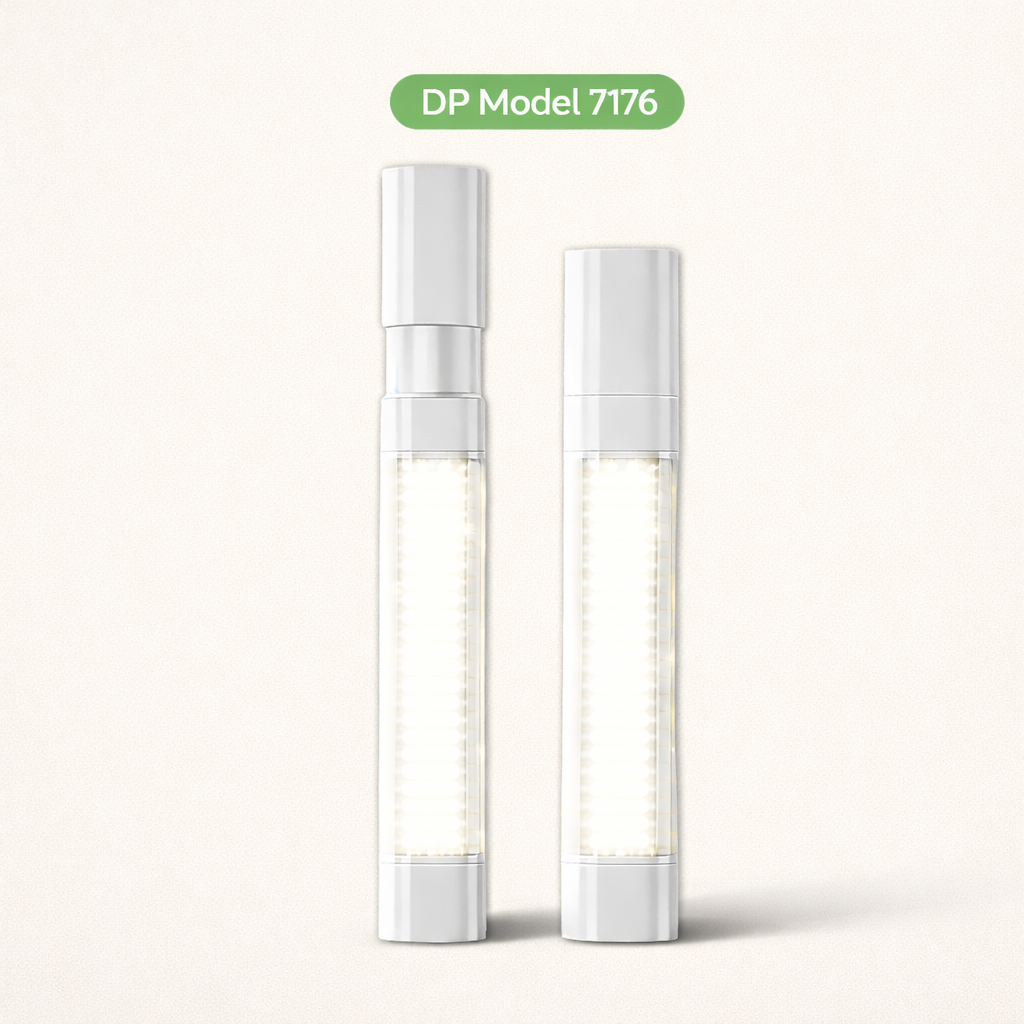 Two white cosmetic bottles with a clear cap on a light gray background, featuring 'DP Model 7176' text.