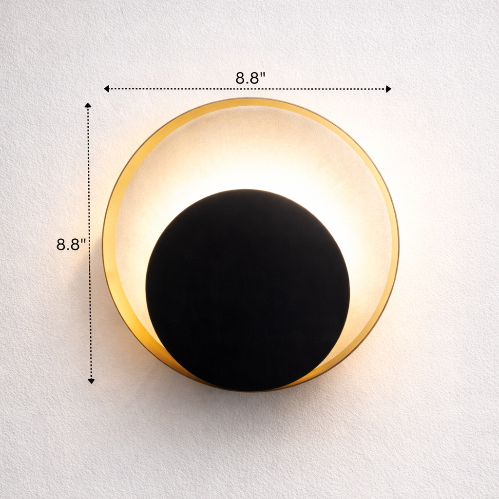 Round wall light fixture with dimensions indicated on a white background