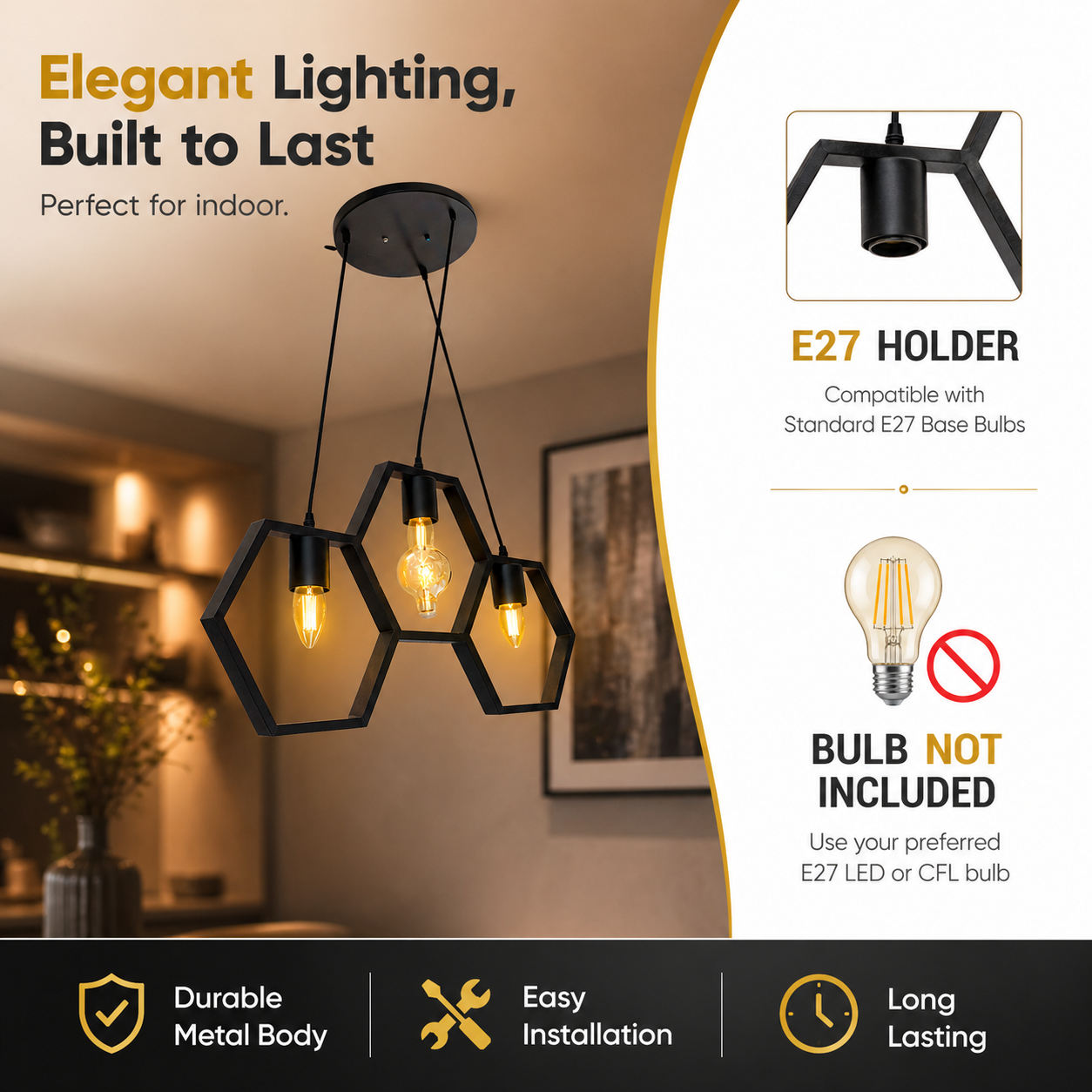 Black hexagonal pendant light fixture with bulb holder and LED/CFL bulb compatibility information.