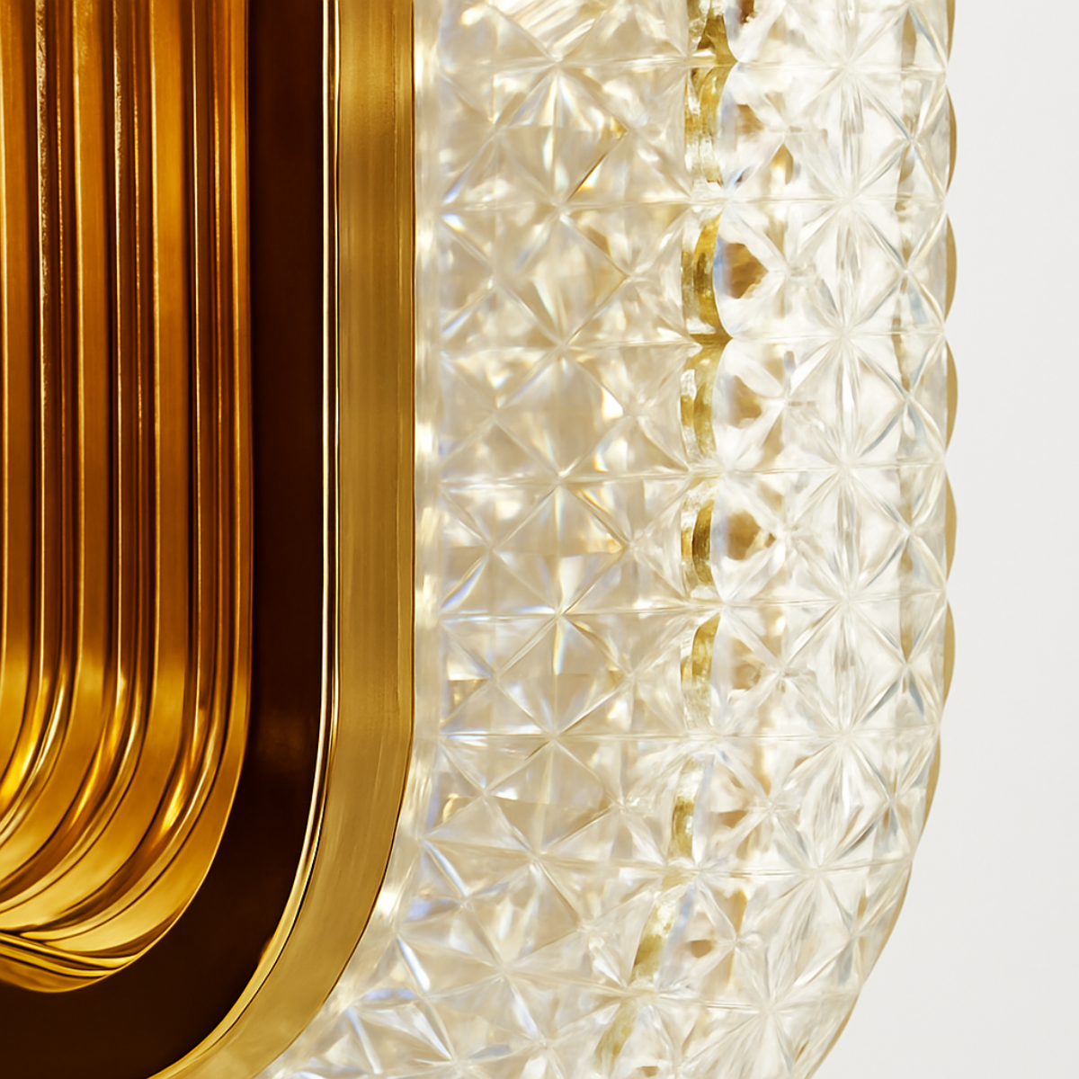 Close-up of a decorative light fixture with gold and crystal design.