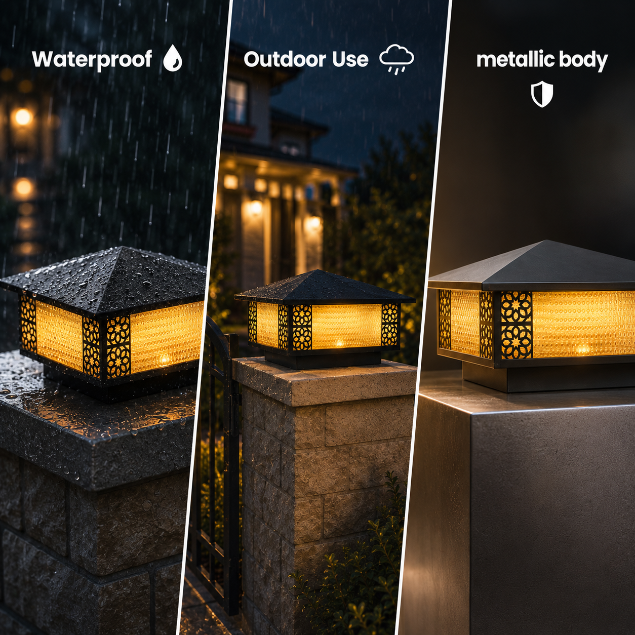 Outdoor lights with waterproof, outdoor use, and metallic body features.