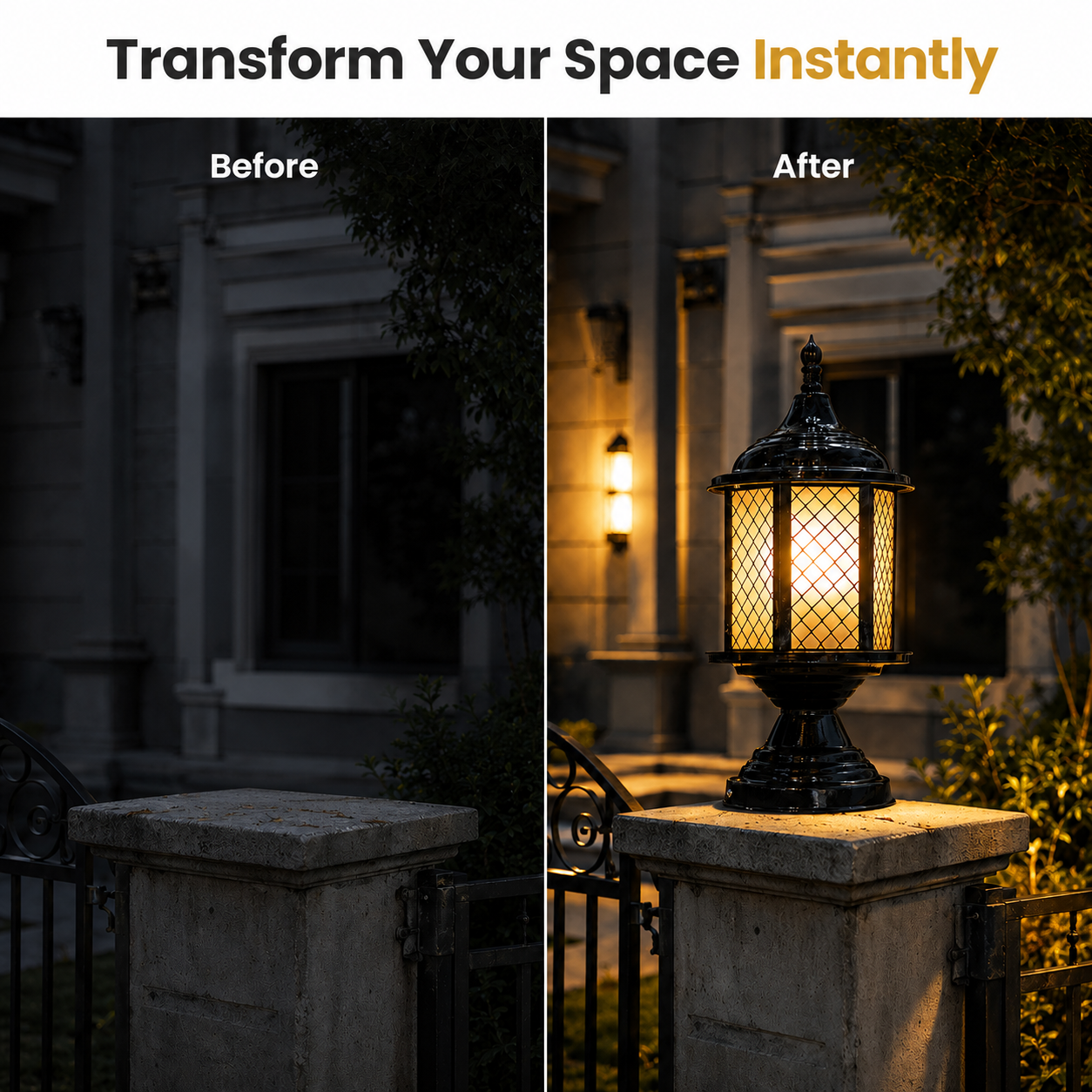 Before and after comparison of a decorative outdoor light fixture.