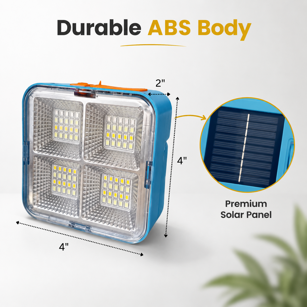LED light with durable ABS body and premium solar panel on a white background