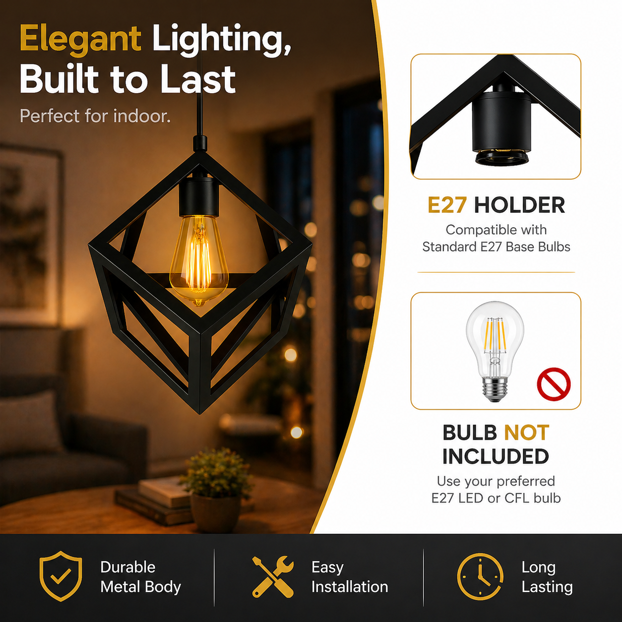 Modern black pendant light with bulb holder details on a blurred indoor background