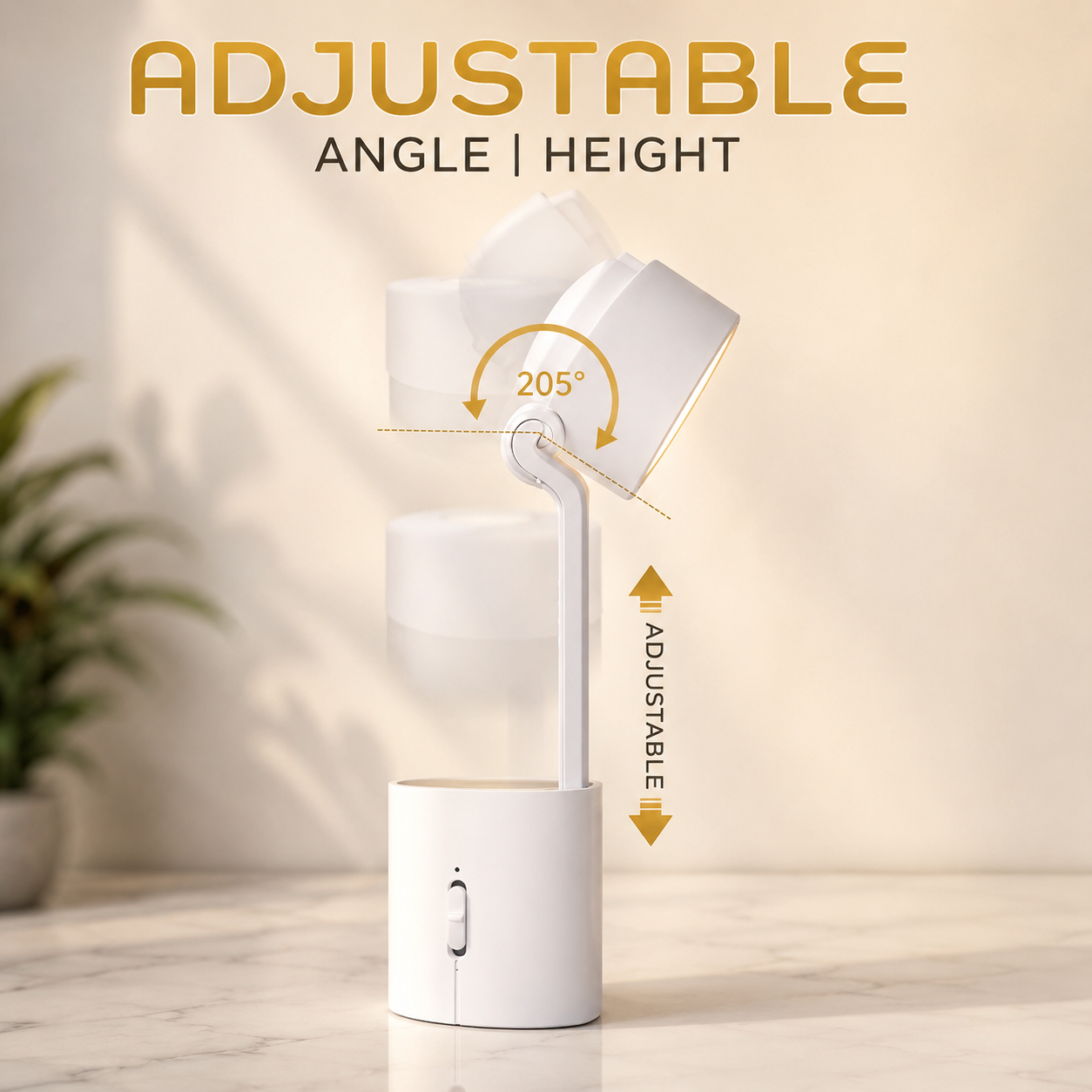 White adjustable lamp with plant in the background