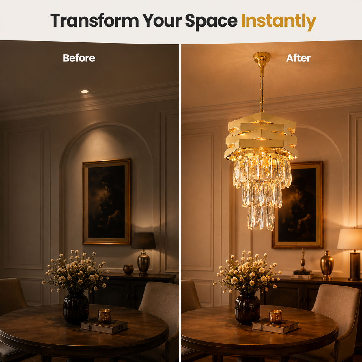 Before and after comparison of a dining room with a chandelier added.
