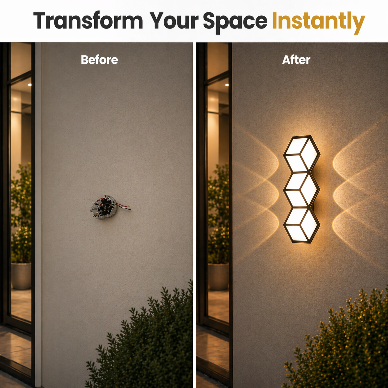 Before and after comparison of a wall sconce installation on a wall.