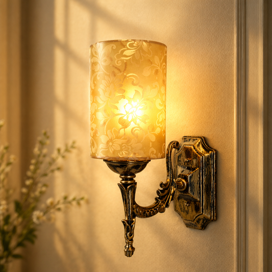 vintage wall sconce with floral shade warm ambient lighting
