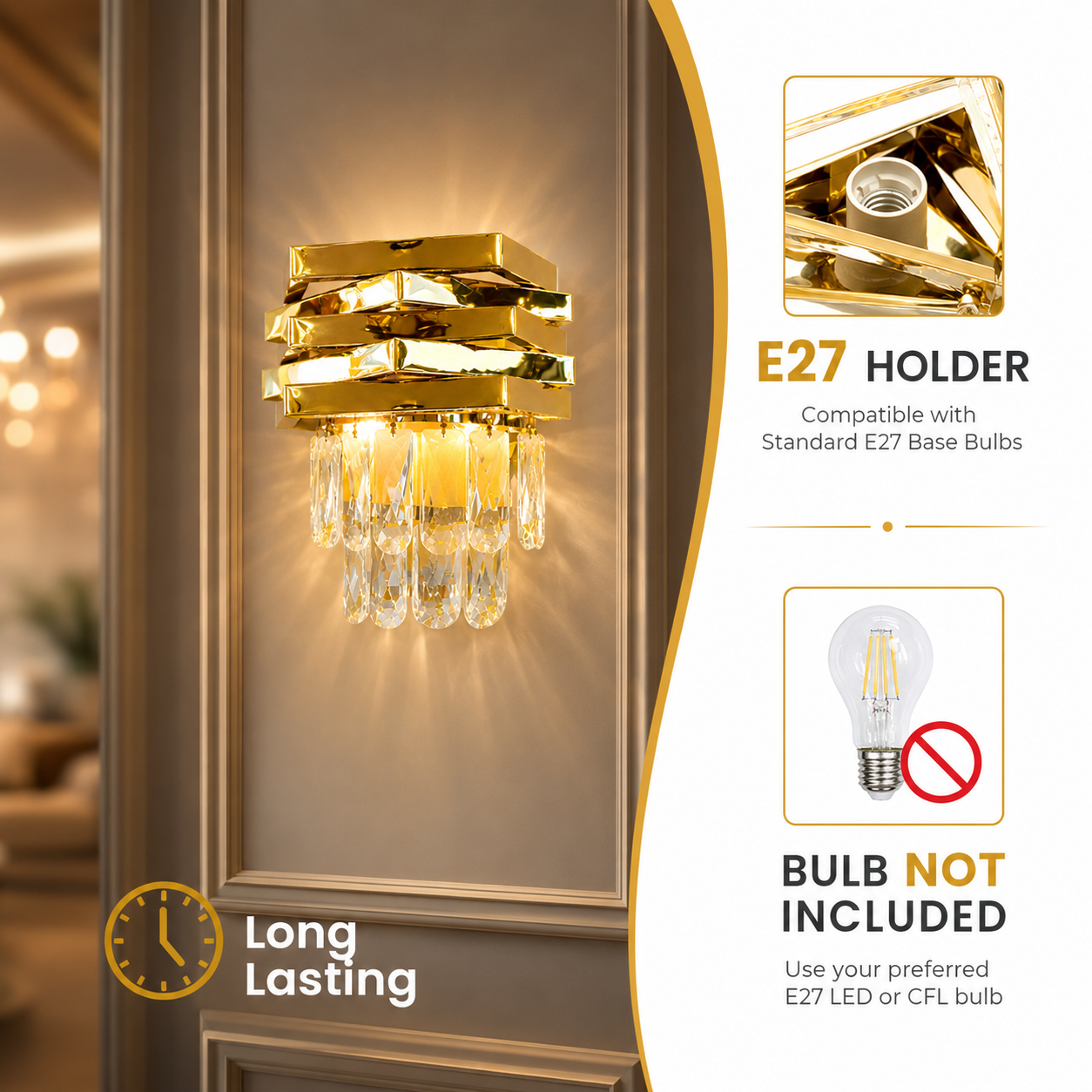 Gold wall sconce light fixture with E27 holder and bulb not included text.