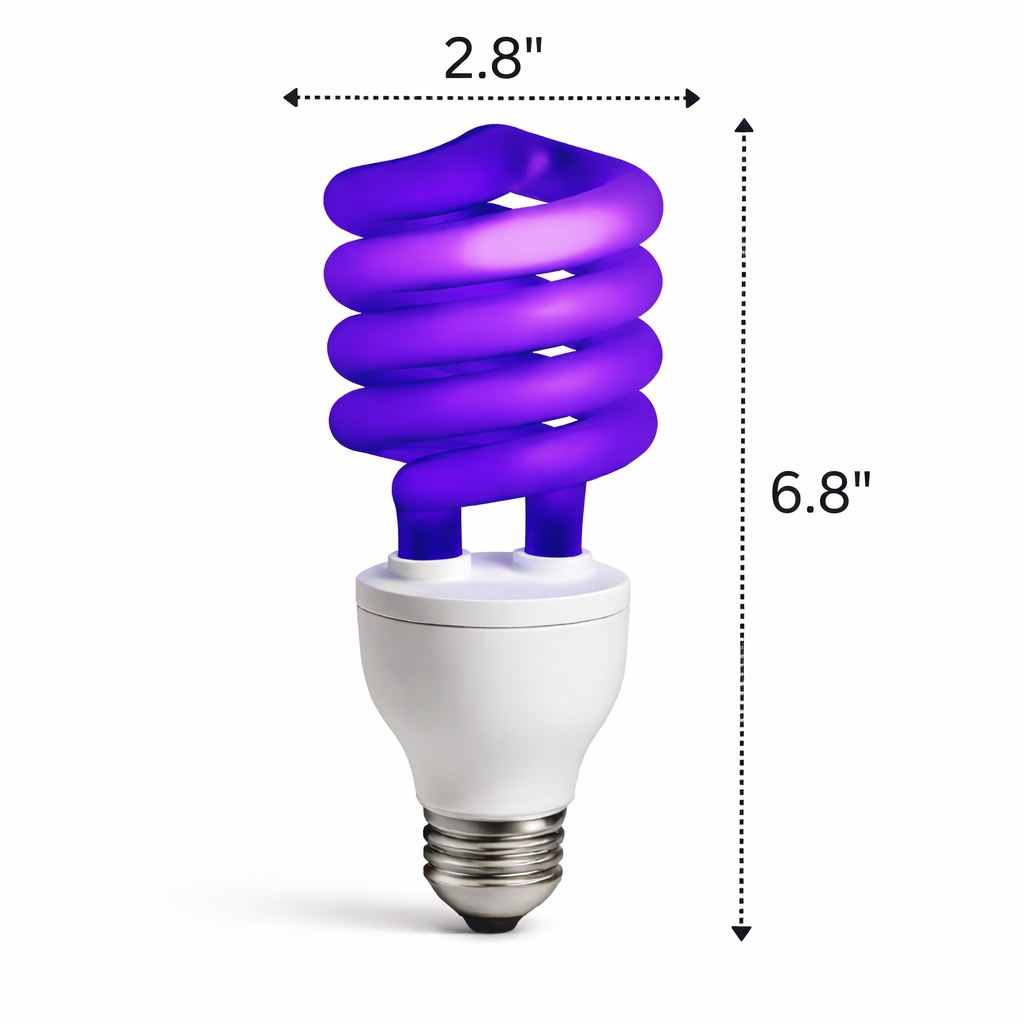CFL light bulb with dimensions indicated on a white background