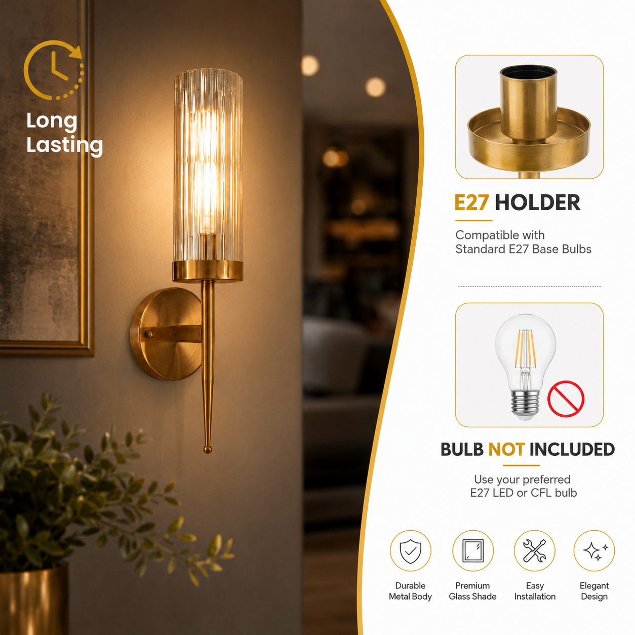 Gold wall sconce with clear glass shade and E27 holder details on a blurred background
