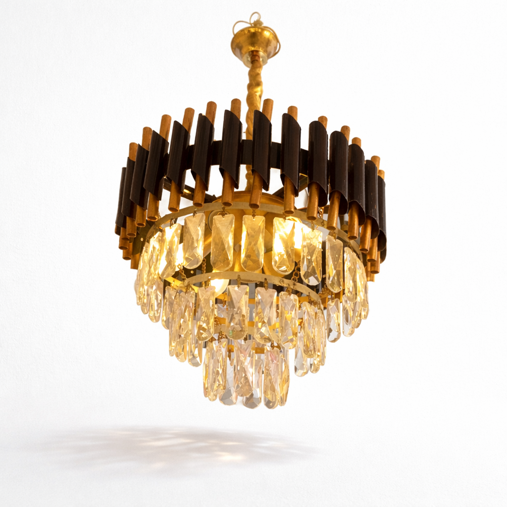 Gold LED chandelier with crystal accents for luxury living room