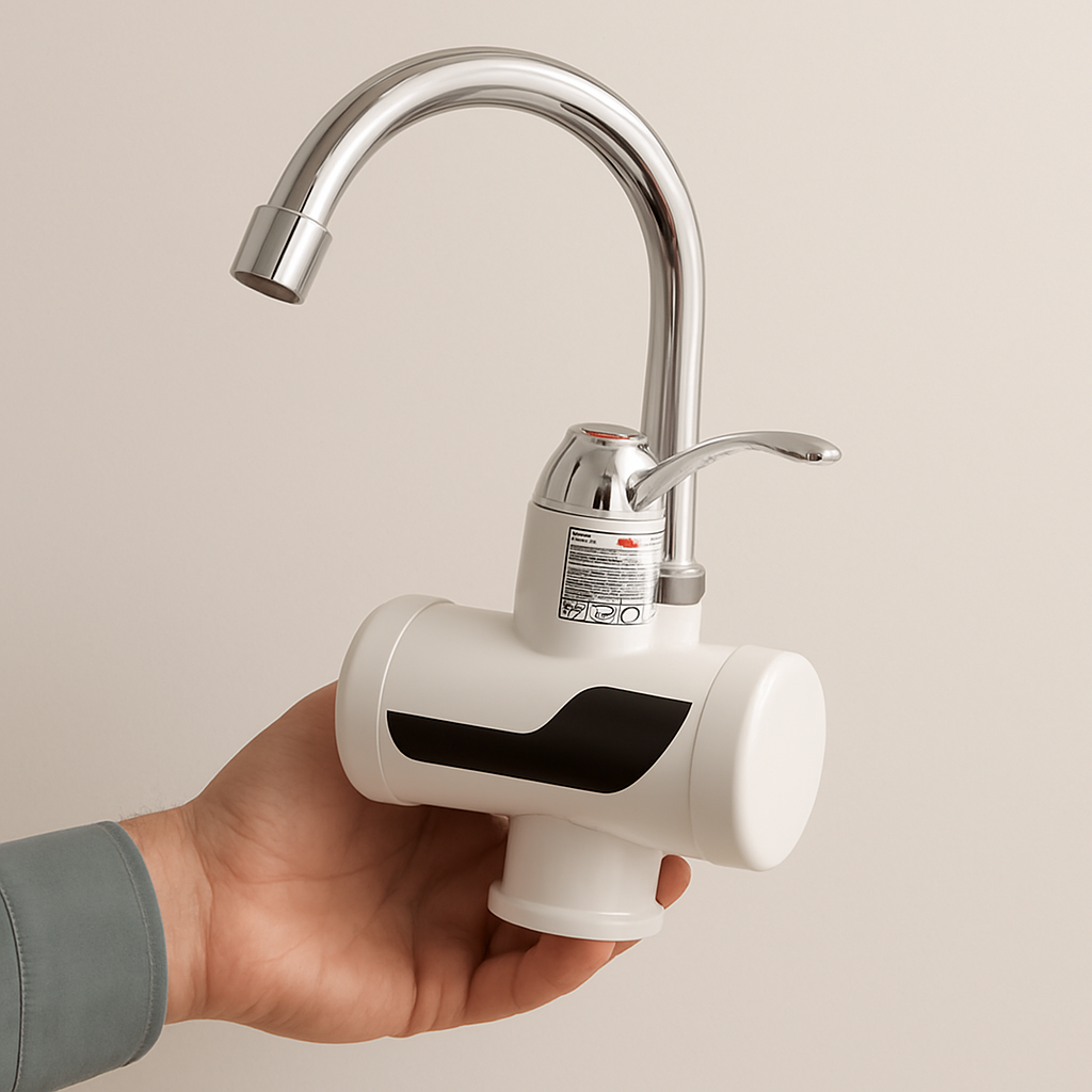 Hand holding a white electric water heater with a silver faucet against a beige background