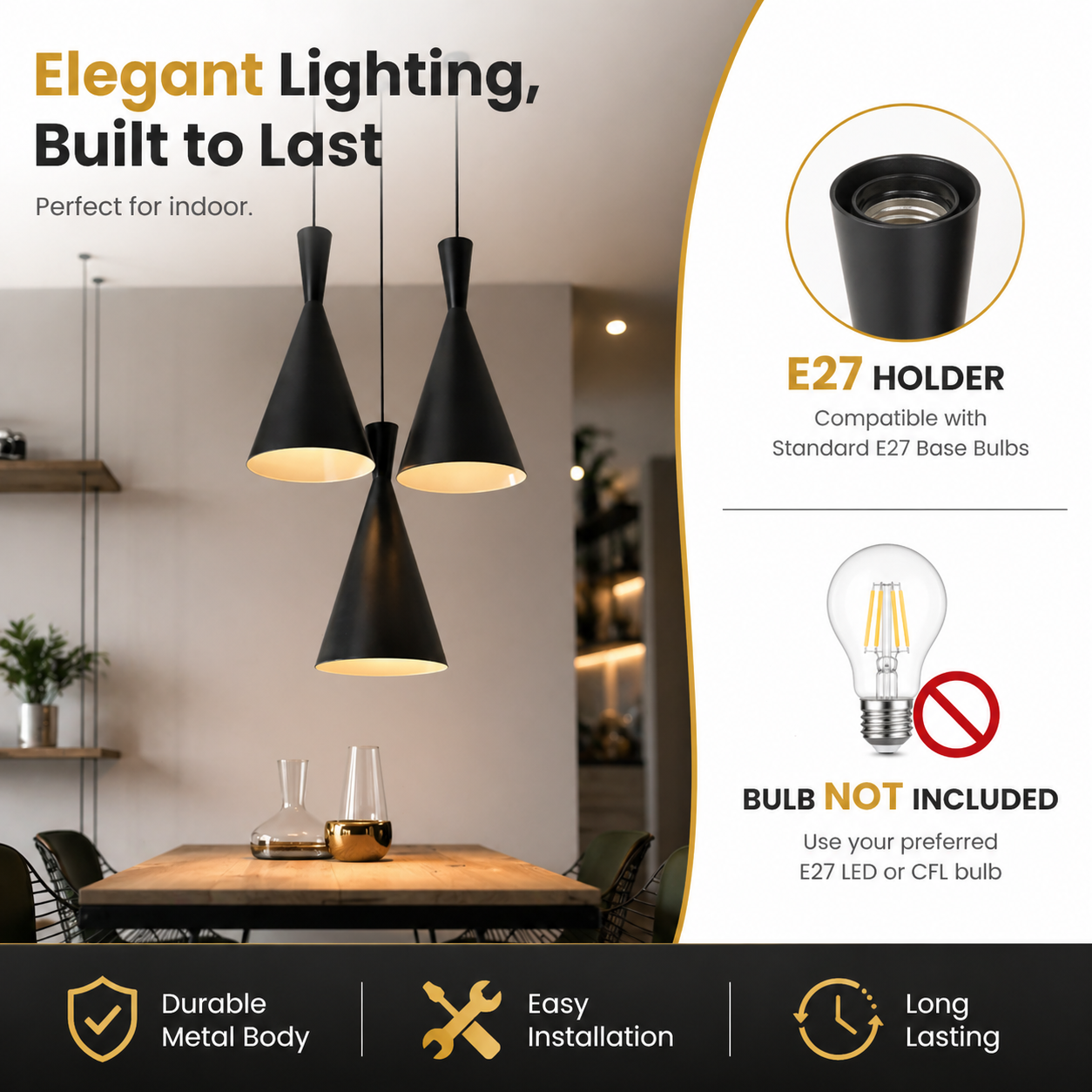 Modern Cone Pendant Light Metal 3-in-1 Ceiling Lighting