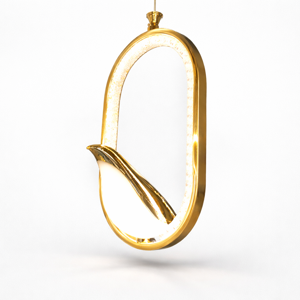 Gold pendant light fixture on a white background