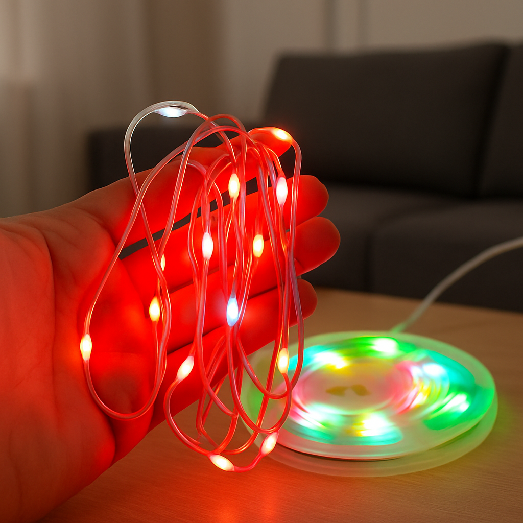 Colorful LED string lights being held by a hand with a spool of lights in the background.