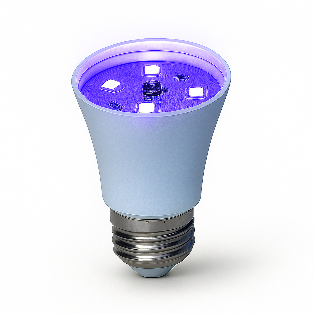 Purple LED light bulb on a white background