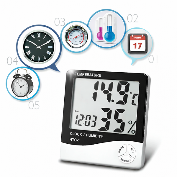 Digital thermometer and clock with temperature and humidity display on a white background
