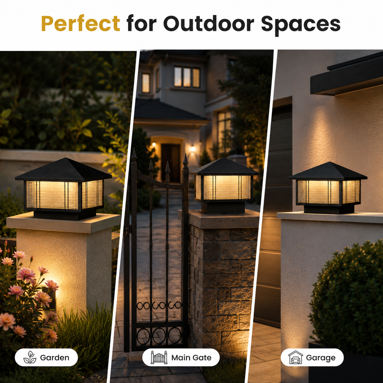 Outdoor lighting fixtures in garden, main gate, and garage settings with text 'Perfect for Outdoor Spaces'.