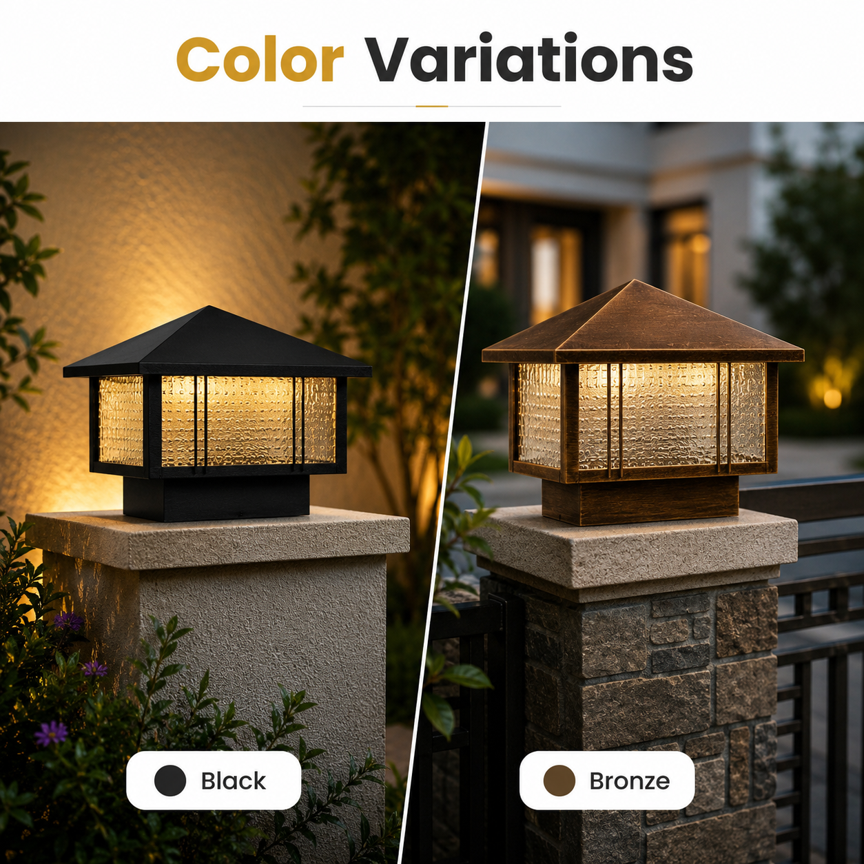 Two outdoor post lights, one black and one bronze, on stone pillars with 'Color Variations' text above.
