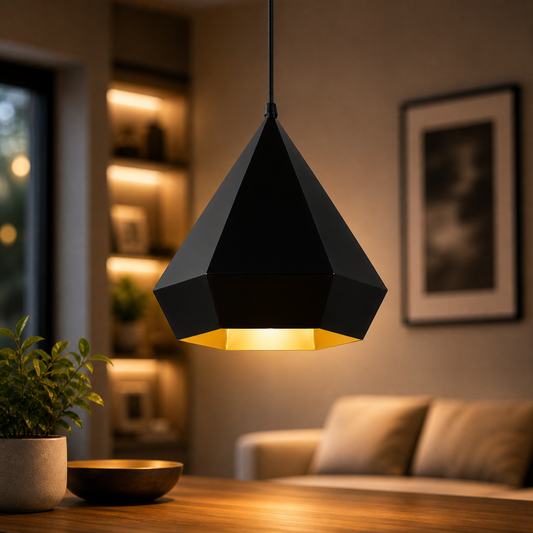 modern black pendant light with golden interior warm glow