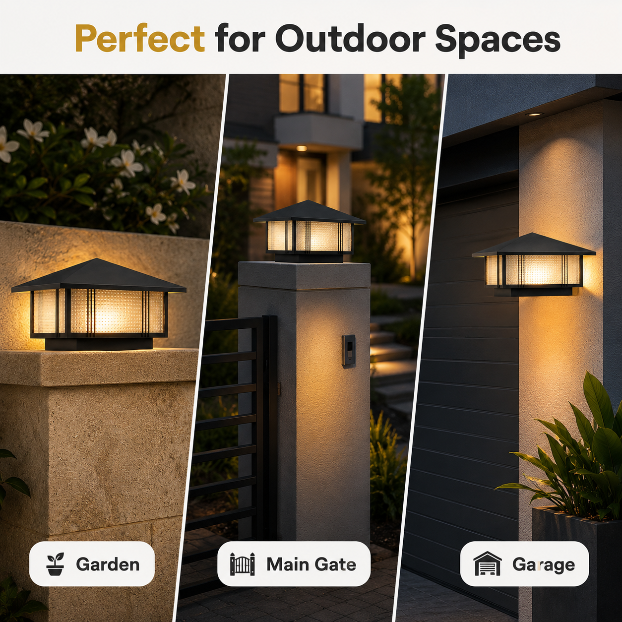 Outdoor lighting fixtures shown in garden, main gate, and garage settings with text 'Perfect for Outdoor Spaces'.