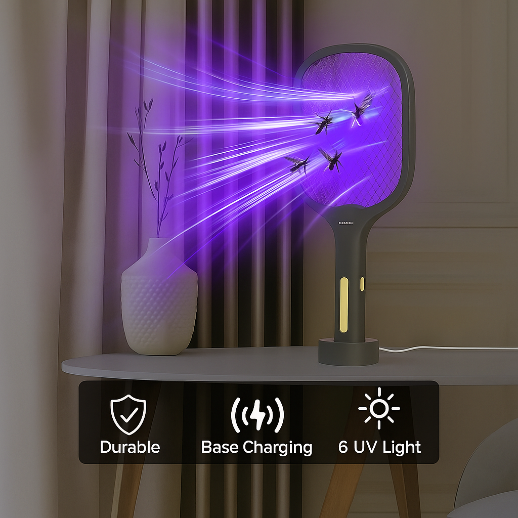 Portable pest control zapper with charging dock stand.