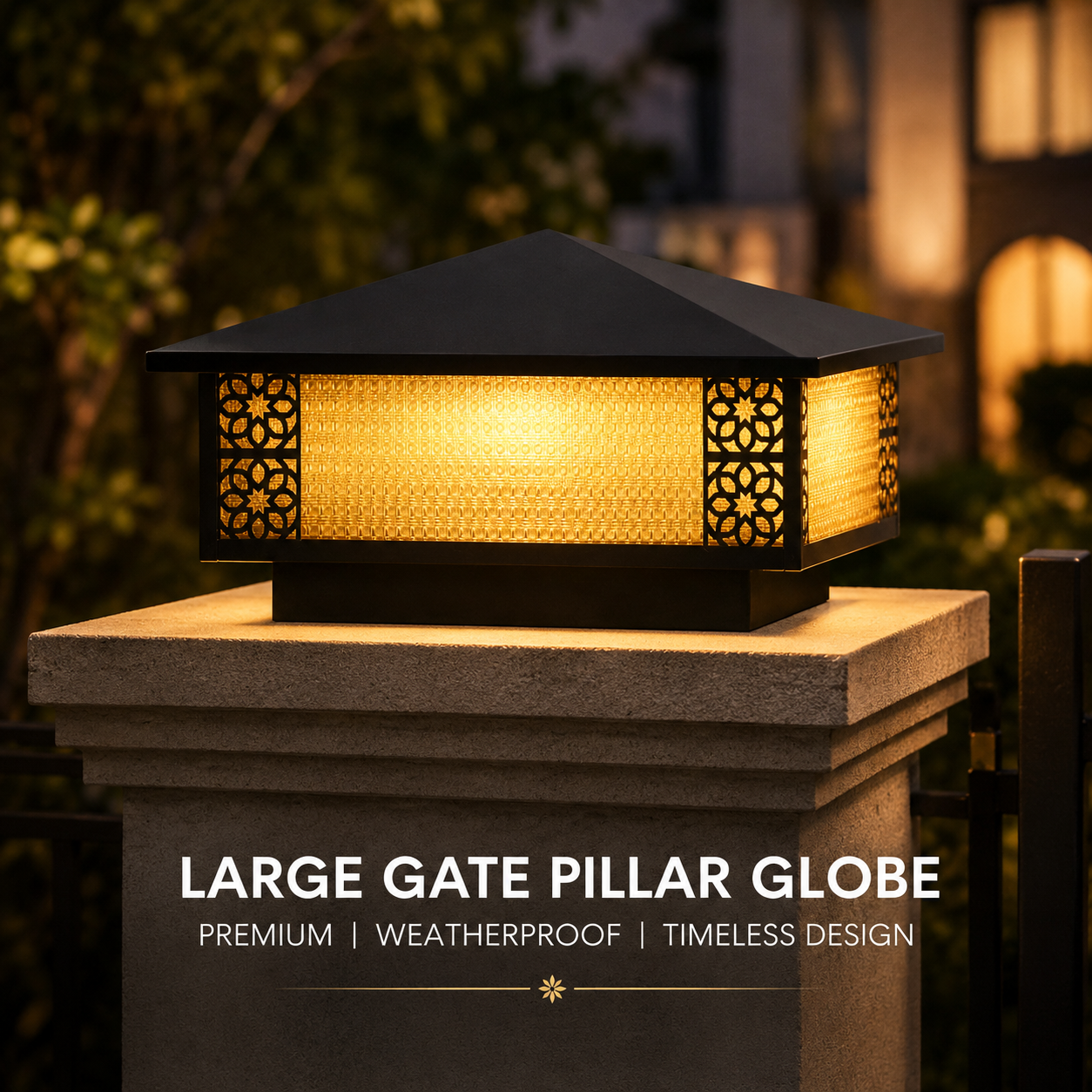 Large gate pillar globe light on a post with decorative cut-out design, surrounded by blurred outdoor setting.